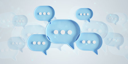 Man touching with his fingers digital blue speech bubbles talk icons. Minimal conversation or social...