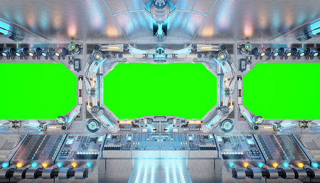 Blue spaceship interior with illuminated projector. Futuristic corridor in space station with...