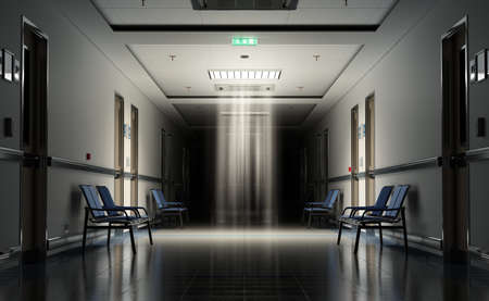 Long dark hospital corridor with rooms and blue seats 3D rendering. Empty accident and emergency interior with bright lights lighting the hall from the ceilingの写真素材
