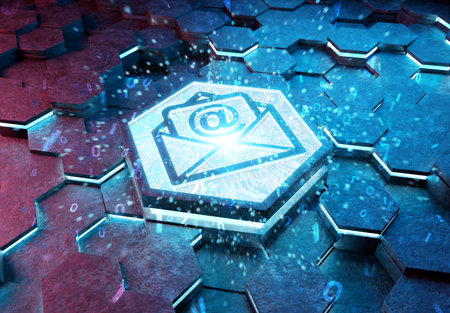 Email icon concept engraved on metal blue and pink hexagonal pedestral background. Mail Logo glowing on abstract digital surface. 3d renderingの写真素材