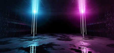 Futuristic neon lights interior background. Cyber neon laser tubes in garage room hangar with sci fi...