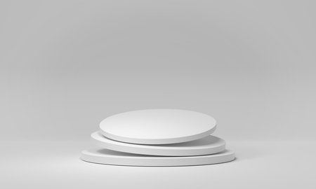 White stage podium background. Mockup of empty circular platform on white. Abstract geometric round pedestal. 3D renderingの写真素材