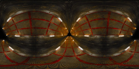 Futuristic Hdri interior corridor with orange neon lights. 360 degree panoramic view of triangle...