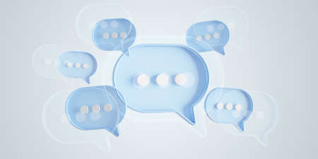Minimalist blue and white speech bubbles talk icons floating over gray background. Modern conversation or smooth social media messages with shadow. 3D renderingの写真素材