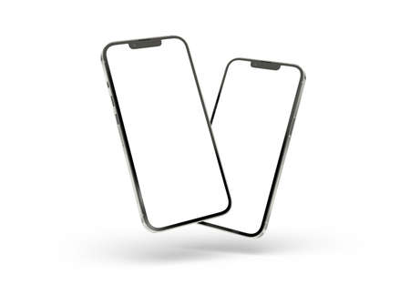 PARIS - France - April 28, 2022: Newly released Apple Smartphone Iphone 13 pro max realistic 3d rendering - Silver color front screen mockup - Two modern smartphones floating on white backgroundのeditorial素材