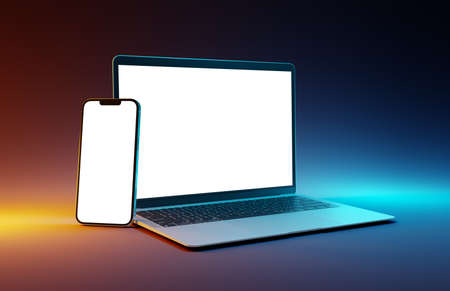 PARIS - France - April 28, 2022: Newly released Apple devices, Imac 24 desktop computer, Iphone 13 pro max mobile, Macbook laptop, Ipad tablet- 3d realistic rendering screen mockup on white backgroundのeditorial素材