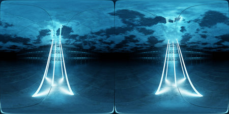 Dark tunnel environment background with metal panels wall lighted with laser lights. Futuristic neon...