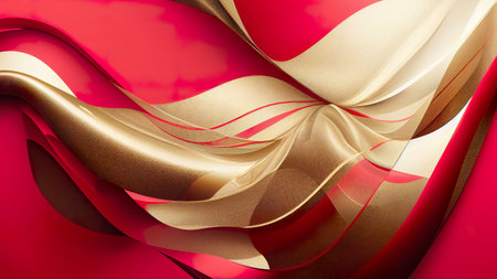 Abstract Christmas wallpaper. Flowing glossy creamy red, white and gold background. Texture imitating running painting with smooth details. 3D rendering for Xmas graphic designの写真素材