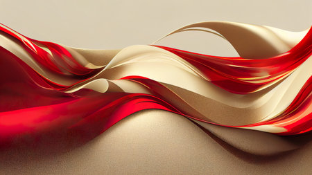 Abstract Christmas wallpaper. Flowing glossy creamy red, white and gold background. Texture imitating running painting with smooth details. 3D rendering for Xmas graphic designの写真素材