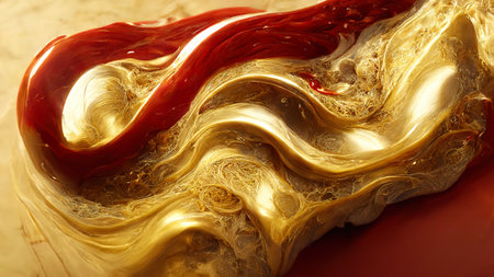 Christmas wallpaper with glossy creamy red gold texture. Xmas background with abstract moving liquid looking like ink or oil paint. 3D rendering for Xmas graphic design, banner, illustration and posterの写真素材