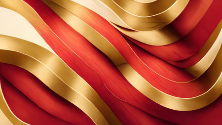 Abstract Christmas wallpaper with moving glossy red and gold lines. Background Xmas texture with wavy movements for graphic design, banner, illustration, poster. 3D renderingの写真素材
