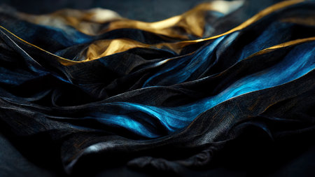 Abstract wavy blue wallpaper. Waves background with curvy golden shiny details. 3D rendering background with bluish colors for graphic design, banner, illustration and posterの写真素材