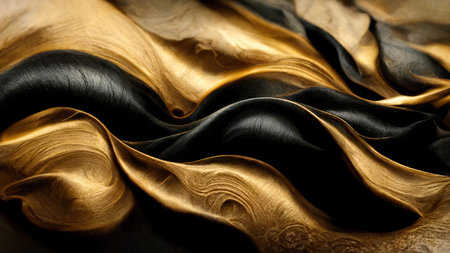 Abstract black and gold shiny wallpaper. Dark wavy texture with golden details. Background with...