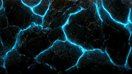 Abstract black marble stone wallpaper with glowing blue cracks. 3D rendering granite background for graphic design, banner, illustration and posterの写真素材