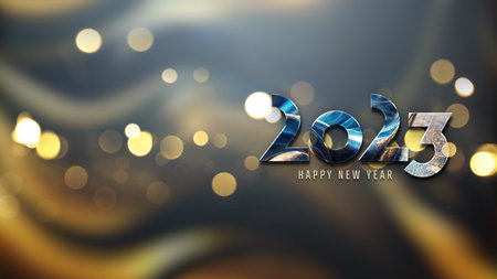 2023 greetings with golden effect. Shiny Happy new year text on gold concrete for background,...