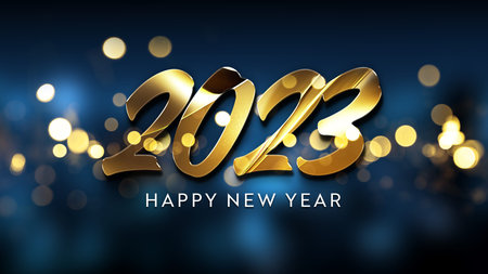 2023 greetings with golden effect. Shiny Happy new year text on dark blue for background, graphic...