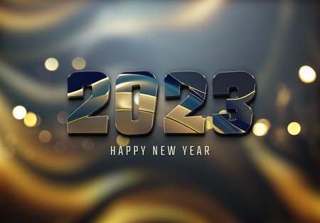 2023 greetings with golden effect. Shiny Happy new year text on gold concrete for background,...