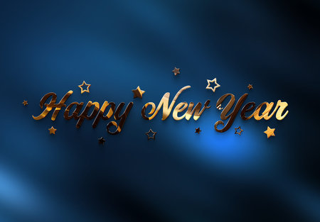 Happy New Year greetings with golden effect. Shiny celebration text on dark blue for background,...