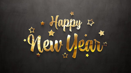 Happy New Year greetings with golden effect. Shiny celebration text on concrete for background, graphic design, banner, illustration, poster. 3D renderingの写真素材