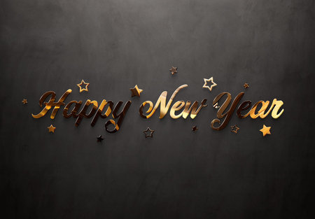 Happy New Year greetings with golden effect. Shiny celebration text on concrete for background,...