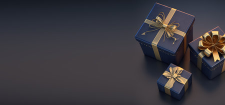 Christmas background with isolated blue and gold christmas gifts. Generative AI Imagery of a fictitious Xmas sceneryの写真素材
