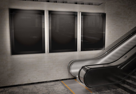 Three vertical billboards glowing on underground wall Mockup. Hoardings advertising triptych on...