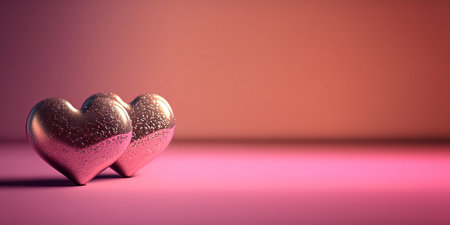 Two pink hearts with nice glittery texture details on empty background. Valentine's day generative Ai imageryの写真素材
