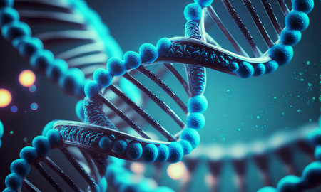 Concept of the evolution of human DNA in the distant future. View under the microscope. Blue helix background close-up. Generative aiの素材