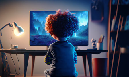 Kid playing video games in his room. Back view of a child sitting in front of a monitor. Colorful lights and cartoon style. Generative aiの素材