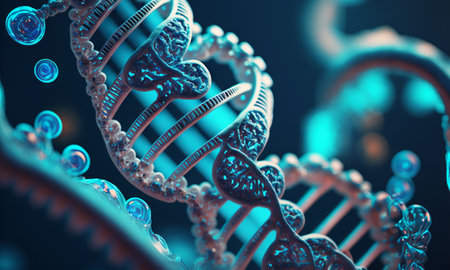 Concept of the evolution of human DNA in the distant future. View under the microscope. Blue helix background close-up. Generative aiの素材