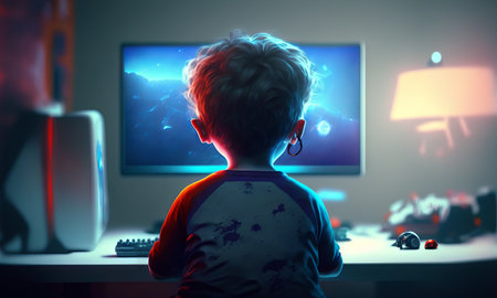 Kid playing video games in his room. Back view of a child sitting in front of a monitor. Colorful lights and cartoon style. Generative aiの素材
