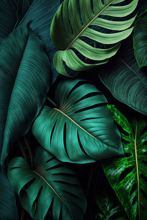 Green tropical leaves background. Natural foliage leaf texture. View of palm plants. Generative aiの素材