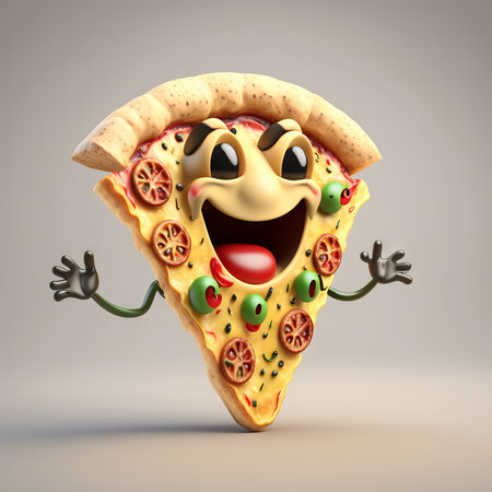 Cute pizza character isolated on empty background. Happy food smiling. Generative aiの素材