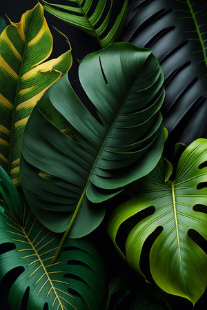 Green tropical leaves background. Natural foliage leaf texture. View of palm plants. Generative aiの素材