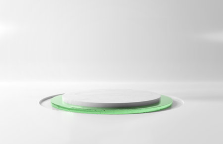 Colorful stage podium background. Mockup of empty circular platform. Abstract geometric pedestral. 3D renderingの写真素材