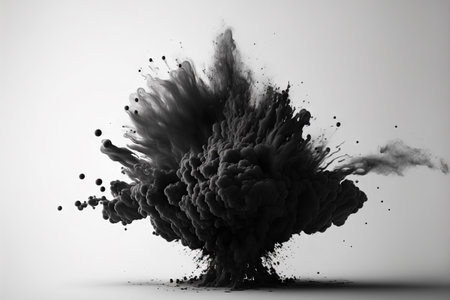 Black smoke explosion on empty white background. Isolated abstract burst brushの写真素材