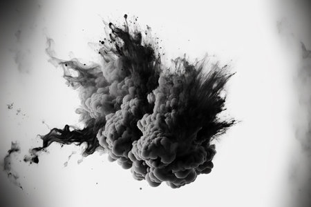 Black smoke explosion on empty white background. Isolated abstract burst brushの写真素材