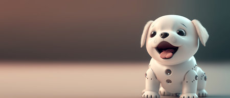 Cute robotic puppy on empty background. White happy little robot dog. Futuristic pet assistant powered by artificial intelligenceの写真素材