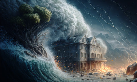 Huge tsunami destroying a city. Dramatic scenery with a big wave flooding the landscape. Natural...