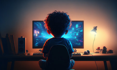 Kid playing video games in his room. Back view of a child sitting in front of a monitor. Colorful lights and cartoon style. Generative aiの素材