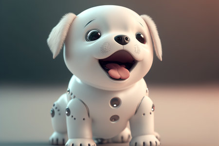 Cute robotic puppy on empty background. White happy little robot dog. Futuristic pet assistant powered by artificial intelligence. Generative aiの素材