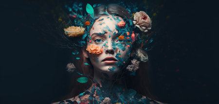 Conceptual Imaginative portraits evoking different moods, emotions and feelings. Surreal woman with natural elements over her face. Generative aiの素材