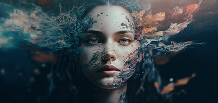 Conceptual Imaginative portraits evoking different moods, emotions and feelings. Surreal woman with natural elements over her face. Generative aiの素材