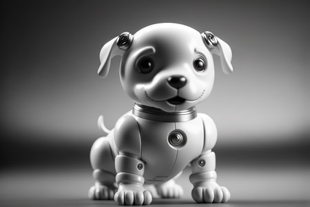 Cute robotic puppy on empty background. White happy little robot dog. Futuristic pet assistant powered by artificial intelligence. Generative aiの素材