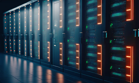 Dark servers data center room with computers. Storage systems corridor interior with glowing elements. Generative aiの素材