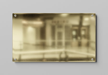 Gold sign plate on white wall Mockup. Blank Business plate 3D renderingの写真素材