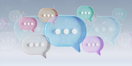 Minimalist blue red orange green purple speech bubbles talk icons floating over gray background. Modern conversation or smooth social media messages with shadow. 3D renderingの写真素材