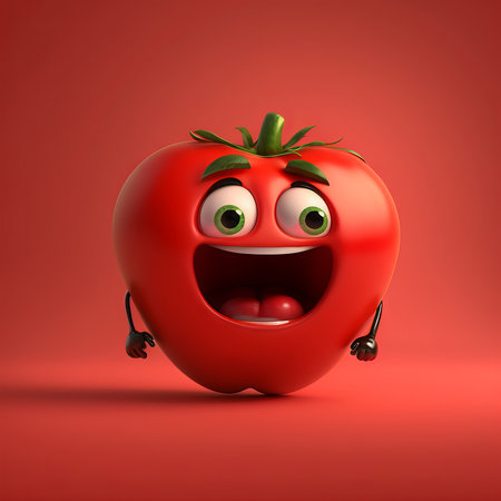 Funny tomato character isolated on red empty background. Cute vegetable smiling. Generative aiの素材
