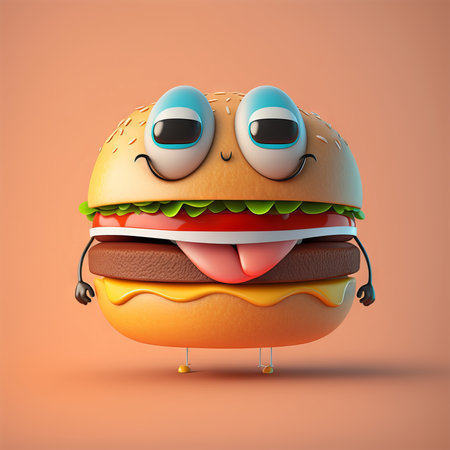 Cute burger character isolated on empty background. Happy cheeseburger smiling. Generative aiの素材