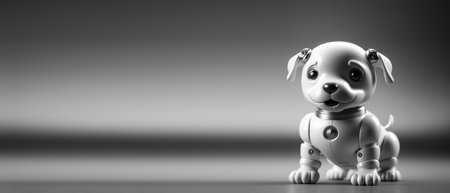 Cute robotic puppy isolated on large empty background. White happy little robot dog. Futuristic pet assistant powered by artificial intelligence. Generative aiの素材